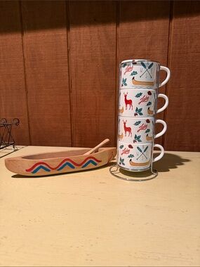 Stacked Lake Print Ceramic Mugs with Rack - White, Red, Teal